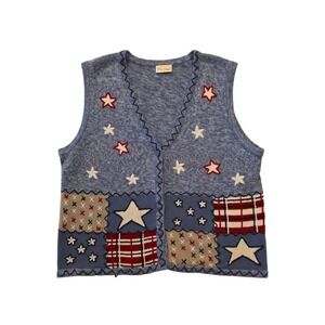 Vintage Bobbie Brooks Patriotic Patchwork Knit Sweater Vest Womens Approx M